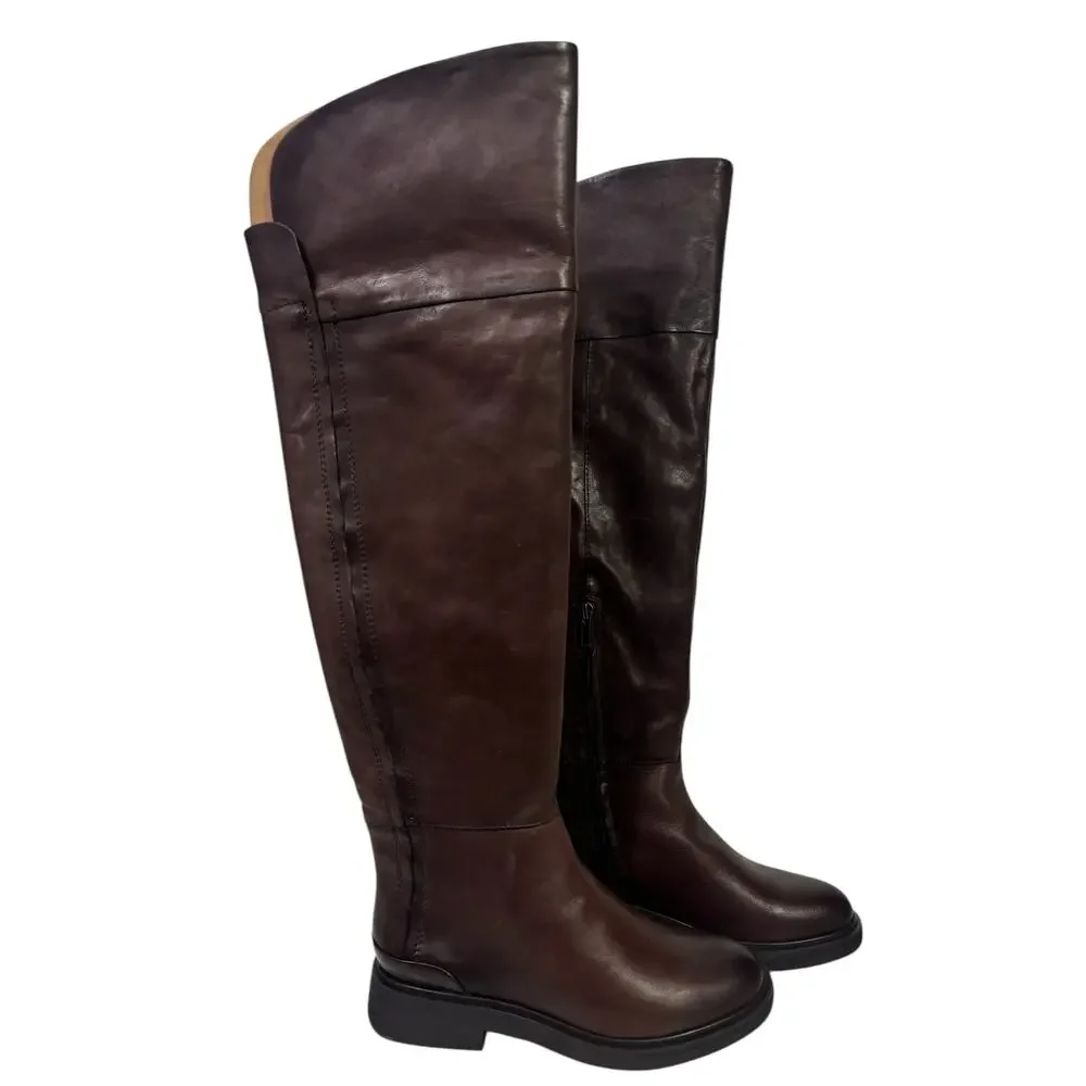 Franco Sarto Brown Leather Over The Knee Riding Boots 7.5M Wide Calf Battina